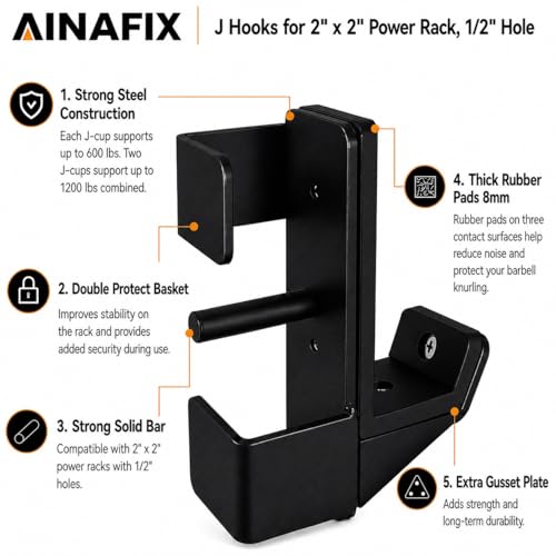 J Hooks for 2" x 2" Power Rack, Rubber Pad J-Hook for Power Cage, Bottom Reinforced Steel J Cups for Squat Rack, Heavy Duty Barbell Holder, Black - size: for 2"x2" Rack with " 1/2 Hole