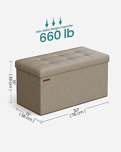 SONGMICS Mazie Collection - 30 Inches Folding Storage Ottoman Bench, Ottoman with Storage, Foot Rest Stool, Load 660 lb, for Living Room, Synthetic Leather, Camel Brown ULSF040R01 - color: Camel Brown, size: 15"D x 30"W x 15"H