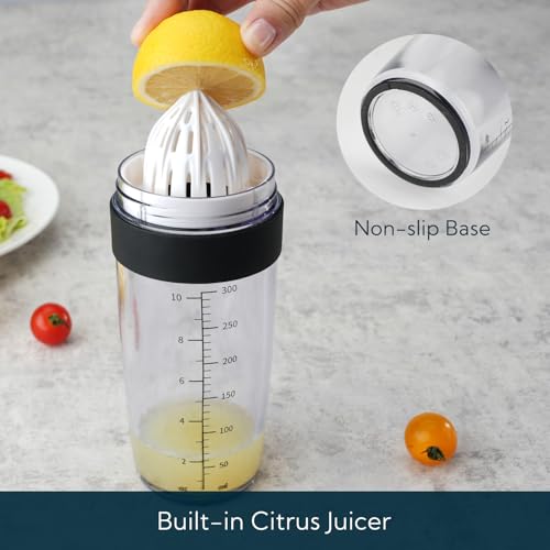 KITCHENDAO 2 in 1 Salad Dressing Shaker Container with Juicer, Pour Spout, Leakproof, Dishwasher Safe, BPA Free, Travel Homemade Oil and Vinegar Salad Dressing Bottle Mixer Dispenser, 1-1/2 Cups - color: Black