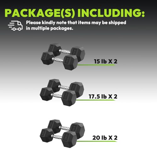 HANDBODE Rubber Coated Hex Dumbbell Set, 90-640 lb | Hand Weight for Strength Training, Hexagon Shape, Multiple Weight Options for Home Gym Strength Training - size: 105 lb Set (Pair of 15, 17.5, 20 lb)