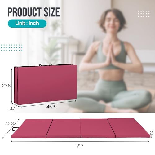 Gymnastics Mat - Tumbling & Exercise - 4 Folding - Indoor/Outdoor - Extra Thick - High Density - Yoga & Arts - color: BURGUNDY