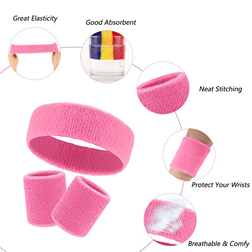 30 Pcs Sweatbands Wristbands Set Absorbent Terry Cloth Headbands Wristbands Neon Color Striped 80s Athletic Sweatbands for Sports Gym Exercise - color: Pink