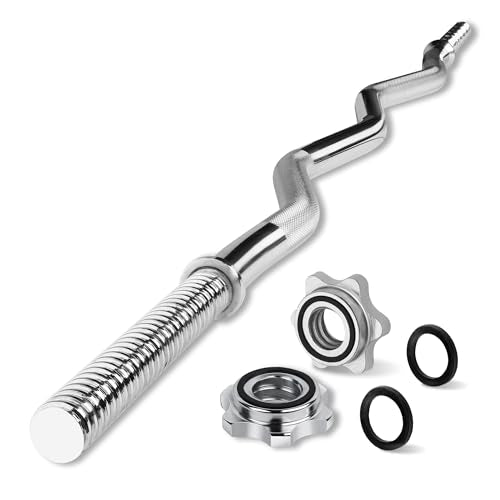 Yes4All Standard Straight Barbell 60" & EZ Curl Bar 47", Capacity 200 to 480 LB, Weight Bar 1" to 2" Diameter - Star Lock Collars, Rubber Ring, Barbell Spins Included for Deadlifts & Squats - color: C. 1" Curl Bar - Chrome, style: B. Curl Bar 1"