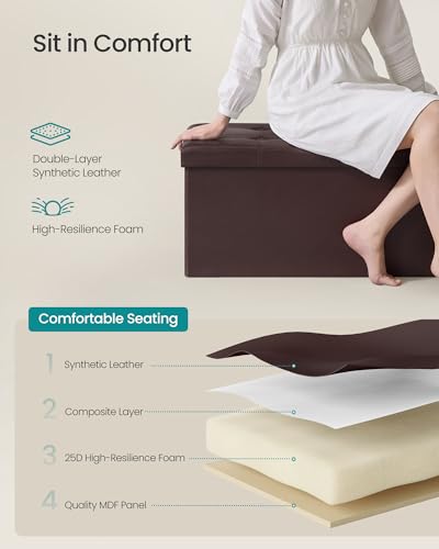 SONGMICS MAZIE Collection - 43 Inches Folding Storage Ottoman Bench, Ottoman with Storage, Foot Rest Stool, Load 660 lb, for Living Room, Synthetic Leather, Brown ULSF703 - color: Brown, size: 15"D x 43"W x 15"H