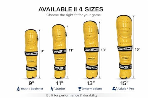 MyLec MK5 Street/DEK Shin Pad, Lightweight & Durable Hockey Accessories, 360° Straps, Hard Front Shells, Breathable Material, Metatarsal Padding Ice Hockey Shin Guards, Foam Rubber - color: Gold, size: 9"