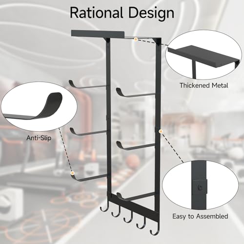 LSK Yoga Mat Holder Wall Mount, Black Yoga Mats Storage Rack, Home Gym Storage with Metal Floating Shelf for Storing Fitness, Yoga Mat Rack with 5 Hooks for Hanging Foam Rollers and Resistance Bands - color: Black