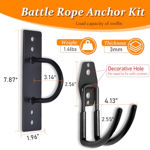 Heavy Duty Battle Rope Anchor Kit Wall Mount | Wall Anchor & Storage Hook for 30-50FT 1-2.5 Inch Battle Ropes, Multi-Functional Wall Bracket for Home Commercial Gym Garage - size: Small
