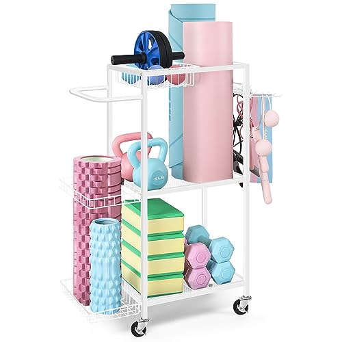 LIANTRAL Yoga Mat Storage Rack - Metal Gym Organizer for Yoga Mats, Foam Rollers & Fitness Equipment, Space Saving Workout Equipment Storage Rack for Home Exercise and Fitness Gear - color: White