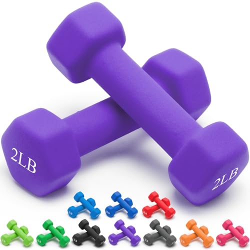 Portzon 8 Colors Options Compatible with Set of 2 Rubber Dumbbell Weight, 5-50 LB, Anti-Slip, Anti-roll, Hex Shape - color: Purple, size: 02-Pound,Pair, style: Neoprene Dumbbells