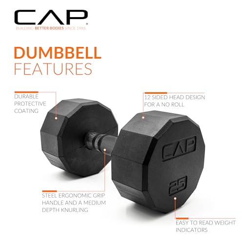 CAP Rubber Coated Dumbbell Weights, Free Weights for Home Gym Strength Training, Anti-Roll Hex Dumbbells with Black, Chrome & Comfort Grip Handles, Singles - size: 25 lb, style: 12-Sided - Black Handle