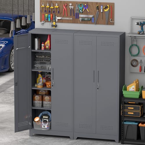 IRONFFICE Metal Garage Storage Cabinets,Metal Broom Closet Storage Cabinet,Utility Cabinets for Brooms and Mops,Steel Tall Cabinet with Shelves for Laundry Room,Bathroom,Home,Grey - size: 72"H x 31.5"W x 15.74"D-Grey
