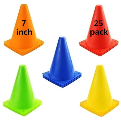 Soccer Cones (7 Inch 25 Pack), Agility Training Sports Cone Plastic with Carry Bag for Football Basketball Drills Field Markers, - color: 5 Colors