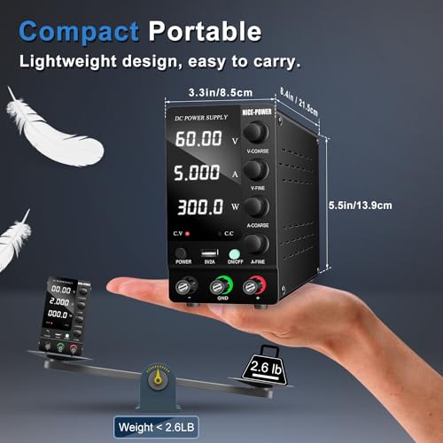 NICE-POWER DC Power Supply Variable 60V 5A, Adjustable Switching Regulated DC Bench Power Supply with Output Switch, High Precision 4-Digit LED Display, Benchtop Lab Power Supplies with 5V/2A USB Port - size: 60V 5A