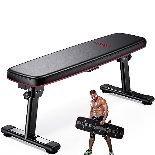 Weight Bench Folding Workout Bench with Carrying Handle Flat Home Training Multiuse Fitness Bench - color: Red