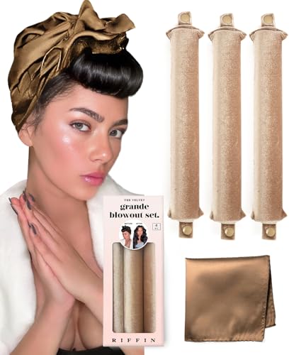 Grande Heatless Curls Overnight Rods - Upgraded Directional Grip Velvet - No Heat Hair Curlers to Sleep, Jumbo Large Hair Rollers Flexible Curling Rods Set for Long Thicker Coarser Hair Blowout Look - color: Champagne