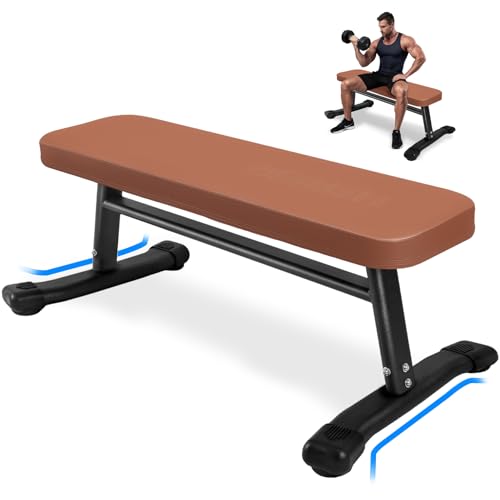 Flat Weight Bench, 2.4 Inch Thick Pad Workout Bench 660 LBS Bench Press Exercise Equipment for Home Gym Strength Weight Training - color: Brown, size: 43 In Pro