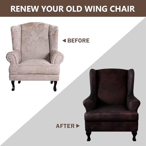 ANARACHON Leather Look Wingback Chair Covers, 2-Piece Wing Chair slipcover,Stretch Wing Back Armchair Slipcovers with Elastic Bottom, Soft Spandex Furniture Protector for Living Room (Chocolate) - color: Chocolate