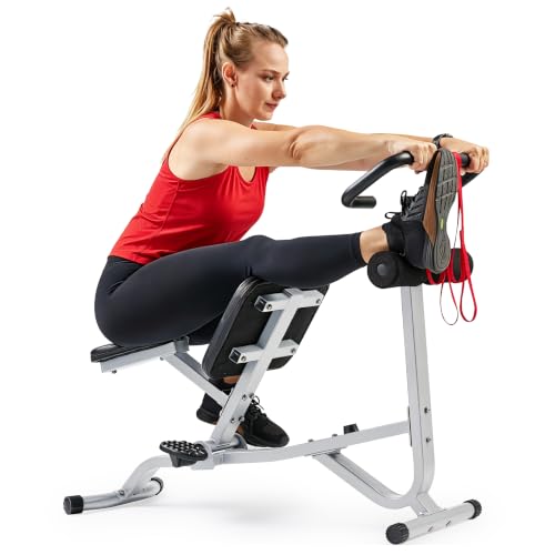 Sunny Health & Fitness Full Body Stretch Machine for Home Gym, Back Stretcher & Flexibility Trainer with Pivoting Seat, Foam Rollers, Safety Straps, Handlebar & SunnyFit App - color: Gray