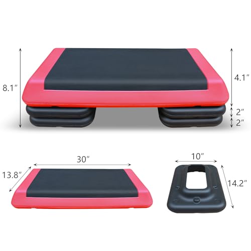 Aerobic Step Platform 30" × 14" Height Adjustable Workout Step for Fitness Strength Training with Risers Exercise Platform for Home Gym - color: Red-30"×14"-4 Risers, size: 30"×14"