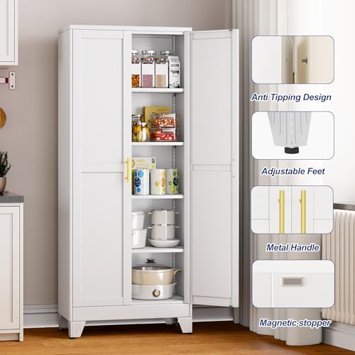 Metal Storage Cabinet with 2 Doors and 4 Adjustable Shelves - 71" Steel File Cabinet,Tool Cabinets for Office,Home,Garage,Gym,School,Bathroom,Kitchen(White) - color: White, size: 71H