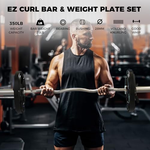 RitFit 2 Inch EZ Curl Bar with Weights, 350LBS Capacity Olympic Barbell for Bicep & Triceps, Home Gym Strength Training - style: Silver(with 85LB Weights and Collar)