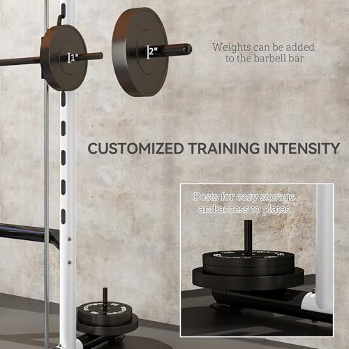 Soozier Squat Rack with Pull-Up Bar, Adjustable Power Rack with Barbell Bar, Multi-Functional Steel Bench Press Rack for Home Gym Strength Training, Black - color: White
