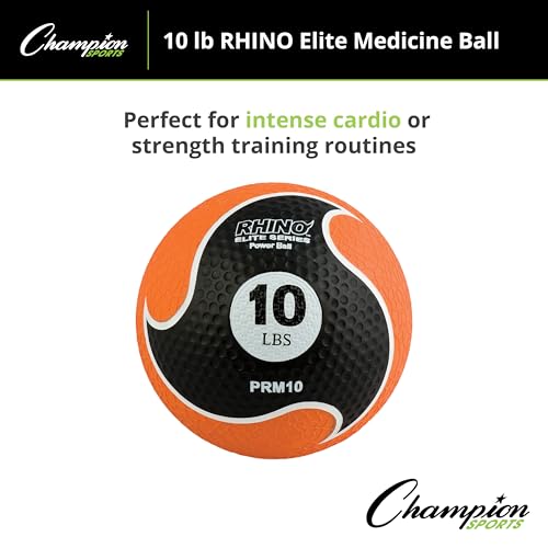 Champion Sports Rhino Elite Medicine Ball – Textured Surface, Superior Grip, Hollow Synthetic Rubber for Consistent Bounce & Durability, Multiple Weights & Colors - Optional Rebounder Sold Separately - style: 10 Pounds - Orange