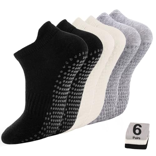 5 Pairs Pilates Socks with Grips for Women Non Slip Grip Yoga Crew Socks for Barre Hospital Barefoot - color: A - 2 White 2 Black 2 Gray