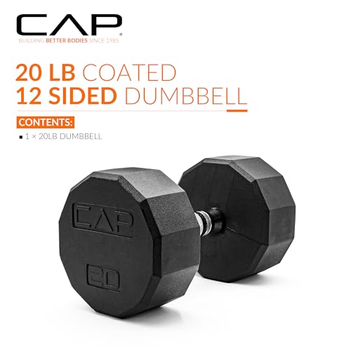 CAP Rubber Coated Dumbbell Weights, Free Weights for Home Gym Strength Training, Anti-Roll Hex Dumbbells with Black, Chrome & Comfort Grip Handles, Singles - size: 20 lb, style: 12-Sided - Chrome Handle
