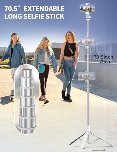 71" Selfie Stick, Smartphone Tripod Stand All-in-1 with Remote, Travel Tripod for iPhone, Extendable Cell Phone Tripods for Selfie/Video Recording/Photo/Live Stream/Vlog - color: White, size: B-[70.47Inch＆Upgraded Aluminum Pole]