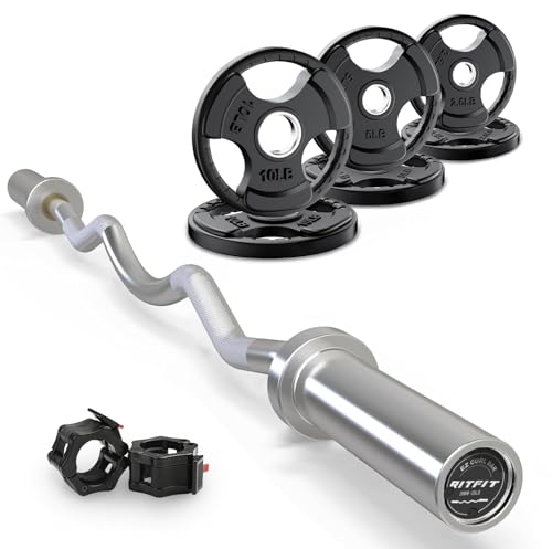 RitFit 2 Inch EZ Curl Bar with Weights, 350LBS Capacity Olympic Barbell for Bicep & Triceps, Home Gym Strength Training - style: Silver(with 35LB Weights and Collar)