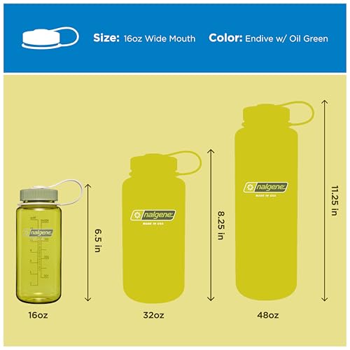Nalgene 16 oz Wide Mouth Water Bottle | Slim Cup Holder Size, BPA-Free, Durable & Leak Proof Travel Bottle – Thrill & Motion, Endive w/Oil Green - color: Endive w/Oil Green, size: 16 Ounces