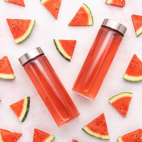 Juice Bottles - 4 Pack Wide Mouth Glass Bottles with Lids - for Juicing, Smoothies, Beverage Storage - 16oz Glass Water Bottles, BPA Free, Stainless Steel Lids, Leakproof, Reusable, Borosilicate - size: 16 Ounces