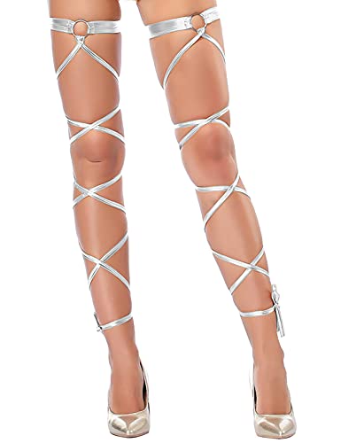 Sexy Women Leg Wraps Gothic Shiny Metallic with O-Ring Non-Slip Garter Festival Raves Dancing Party - color: Silver