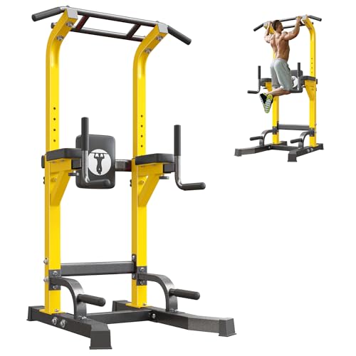 SogesPower Multi-Function Power Tower Pull Up Bar Station Pull Up Dip Station for Home Gym, 10-Level Adjustable Height Pull Up Bar Stand Dip Bar Strength Training Workout Equipment - color: Yellow