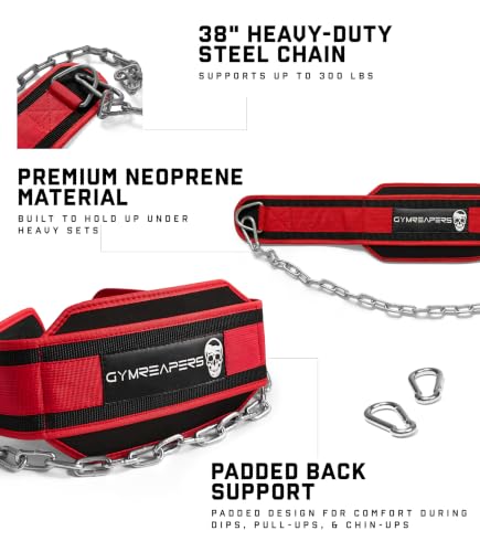 Gymreapers Dip Belt With Chain For Weightlifting, Pull Ups, Dips - Heavy Duty Steel Chain For Added Weight Training - color: Red