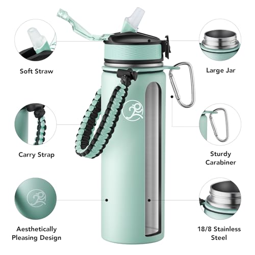 GOSWAG 24oz Insulated Stainless Steel Travel Water Bottle, 2 Lids | with straw and no straw, Paracord handle, Double-wall vacuum keeps drinks cold or hot, Leakproof tumbler - color: Matte Mint