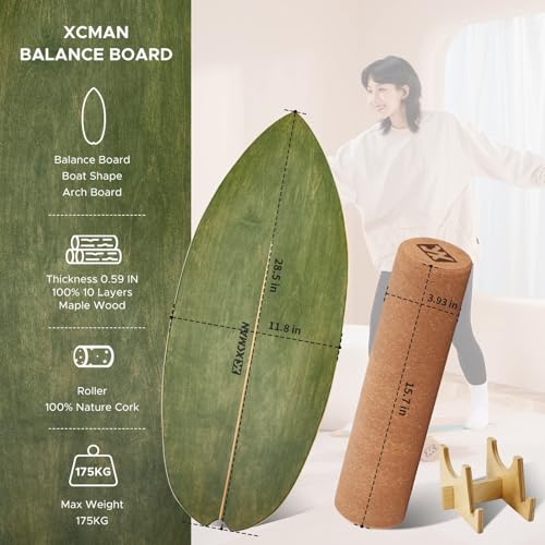 XCMAN Surf Balance Board Trainer with Roller Wooden Exercise Balancing Stability Trainer - Non Slip Surface for Adults Kids|Balance Board for Surfing,Snowboarding,Skateboarding,Hockey,Yoga Training - color: Boat Bown