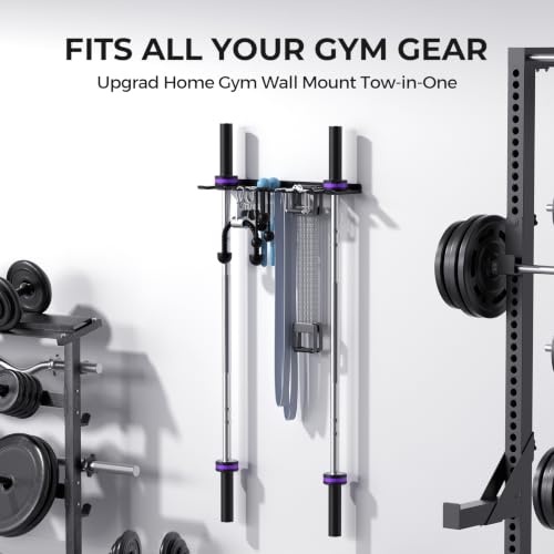 Home Gym Rack Wall Mount Barbell Holder, Multifunctional Two-in-One for Storage Barbells,Resistance Bands,Cable Accessories,Weight Lifting Belts,Jump Ropes and Chains