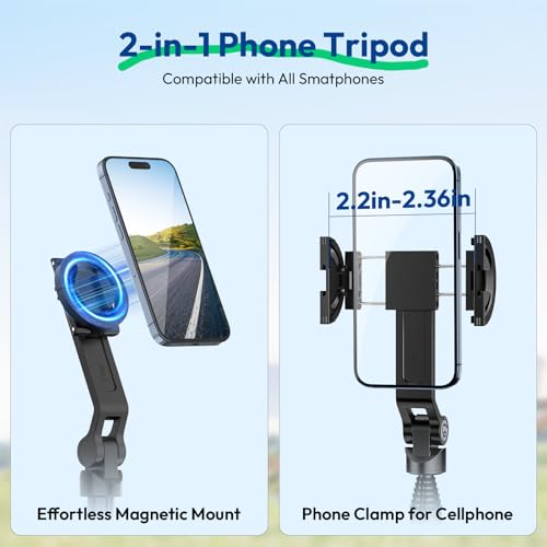 ULANZI TT88 Magnetic Tripod for iPhone 17, 57" Extendable Selfie Stick w Remote, 2-in-1 Phone Clip & Dual Cold Shoe Mounts-Lightweight Phone Tripod Stand for Vlogging, Travel, Video Recording, Black - color: Black, size: 57"