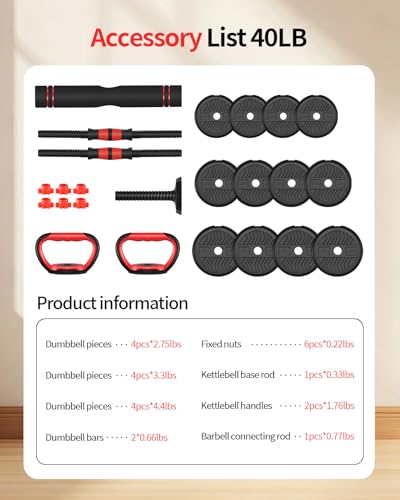 Adjustable Dumbbells,20/30/40/60/80lbs Free Weight Set with Connector, 4 in1 Dumbbells Set Used as Barbell/Kettlebells/Push up Stand, Fitness Workout Equipment for Home Gym for Youth,Women/Men - color: Black 40LBS (20LBS*2) + Kettlebell Handle (1.76LBS*2)
