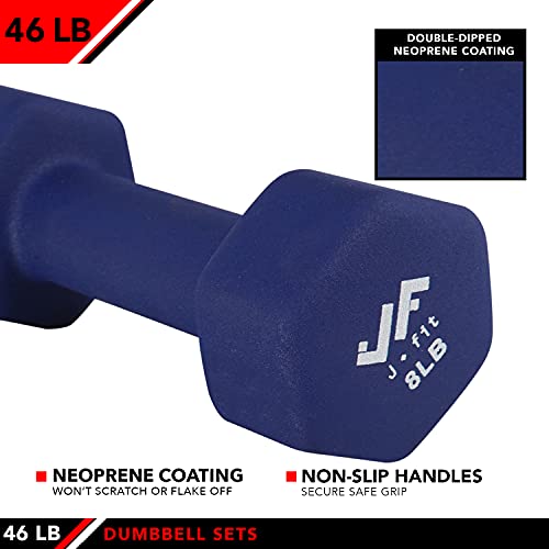 JFIT Dumbbell Pairs or Sets – Neoprene & Vinyl Coated Hand Weights for Home Gym, Strength Training, Aerobics, Cardio Exercise and Fitness - size: 46 lbs (Set), style: Dumbbell Set with Rack