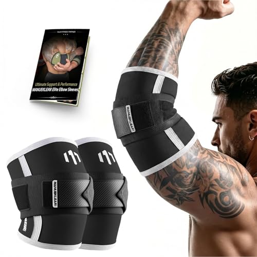 MANUEKLEAR Adjustable Compression Elbow Wraps for Weightlifting(1 Pair), Elbow Sleeves Weightlifting Men with Compression Band, 5mm Neoprene Elbow Strap for Weight Lifting and Bench Press - color: Obsidian Black, size: XXXL(17.32-18.90 IN)
