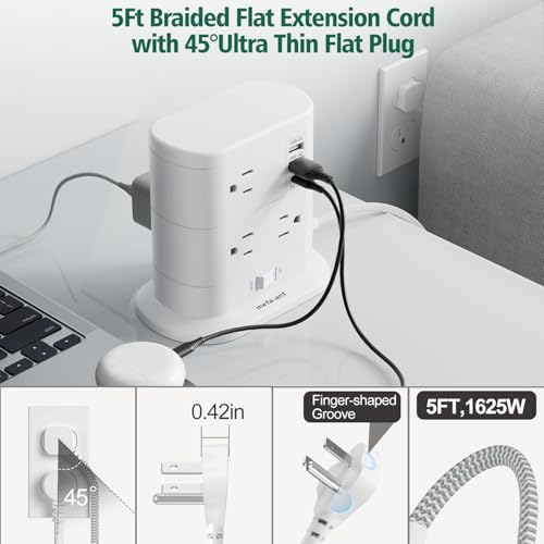10 in 1 Surge Protector Power Strip Tower - 5Ft Flat Plug Extension Cord with 7 Outlets 3 USB Ports (1 USB C), Desk Power Strips with Surge Protection for Home Office Supplies Dorm Room Essentials