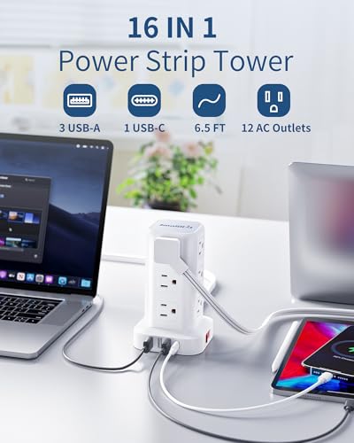 Extension Cord with Multiple Outlets, SMALLRT Flat Plug Power Strip Tower with USB 12 AC Outlets, 6.5FT Ultra Thin Extension Cord Outlet Extender for Home Office, Overload Protection - color: White, size: 6.5 Ft without wireless charging