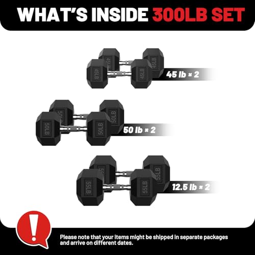 PAPABABE Dumbbell Set, Rubber Encased Home Gym Dumbbells, Weight Dumbbells for Women & Men, Hand Weights for Home Gym & Strength Training - size: 300 lb Set (Pair of 45, 50, 55), style: Chrome Grip