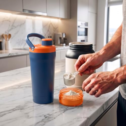 Fijinhom 24 oz Insulated Shaker Bottle with Portable Powder Container. | Leak-Proof Protein Shaker Bottle, 304 Stainless Steel Insulated Water Bottle with Removable Mixer, Measurement Marks, Blue - color: Blue