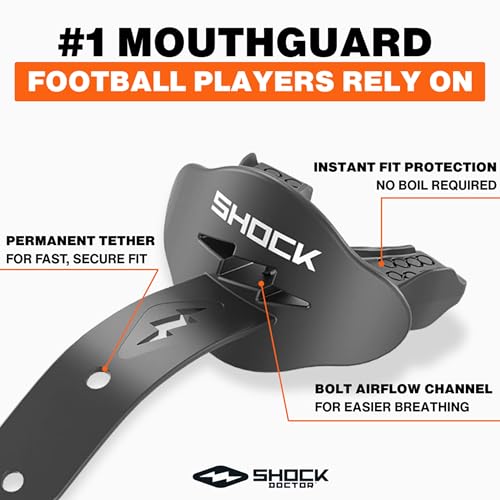 Shock Doctor Bolt Lipguard, Adult Mouth Guard Football with Strap. Mouthguard One Size Fits All - color: Orange