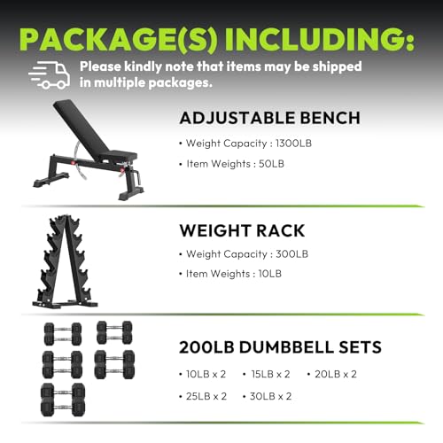 HANDBODE Adjustable Weight Bench for Full Body Workout, 1500 LBS Weight Capacity Bench Press Bench of Home Gym Strength Training, Incline Upright Flat Utility Workout Bench with Fast Adjustment - color: 1300 lb Weight Bench & 200 lb Dumbbell Set