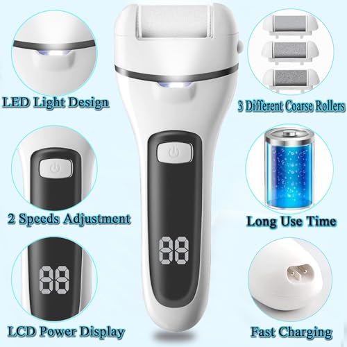 Callus Remover for Feet, 13-in-1 Professional Pedicure Tools Foot Care Kit, Foot Scrubber Electric Feet File Pedi for Hard Cracked Dry Dead Skin, 3 Rollers, 2 Speed, Battery Display (White&Grey) - style: White&Grey